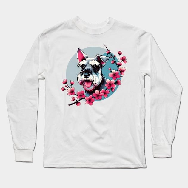 Standard Schnauzer Welcomes Spring with Cherry Blossoms Long Sleeve T-Shirt by ArtRUs